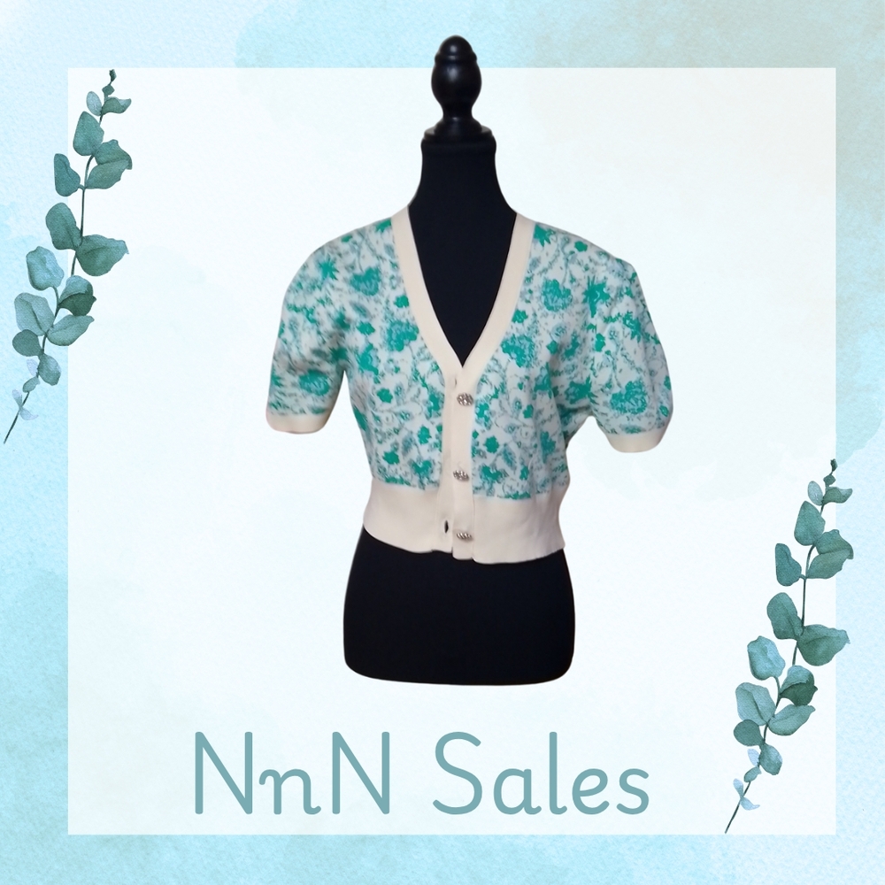 Floral V-Neck Cardigan - Cream and Green